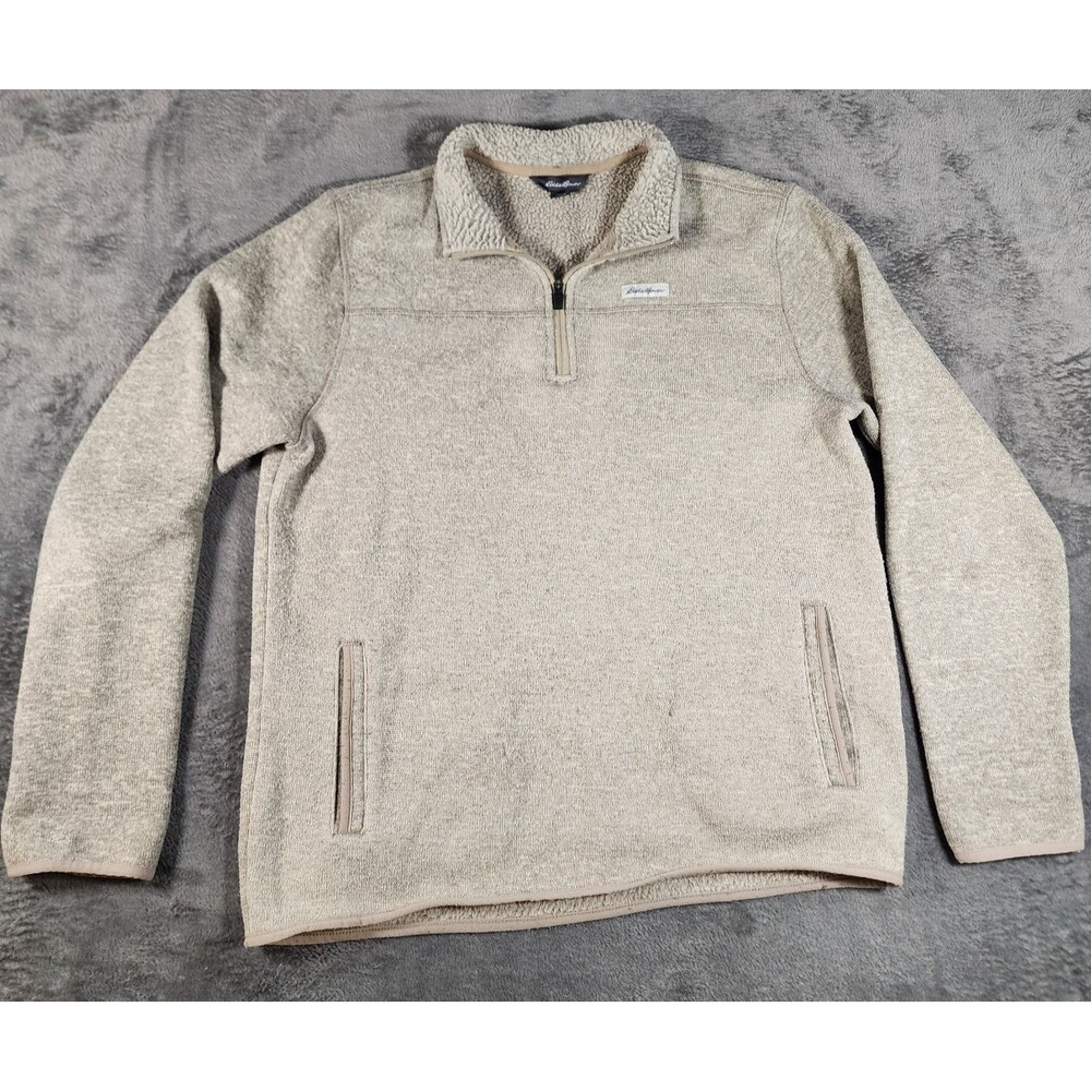 Eddie Bauer Sweater Men's Large Tan Pullover Quarter Zip Mock Neck Sweatshirt